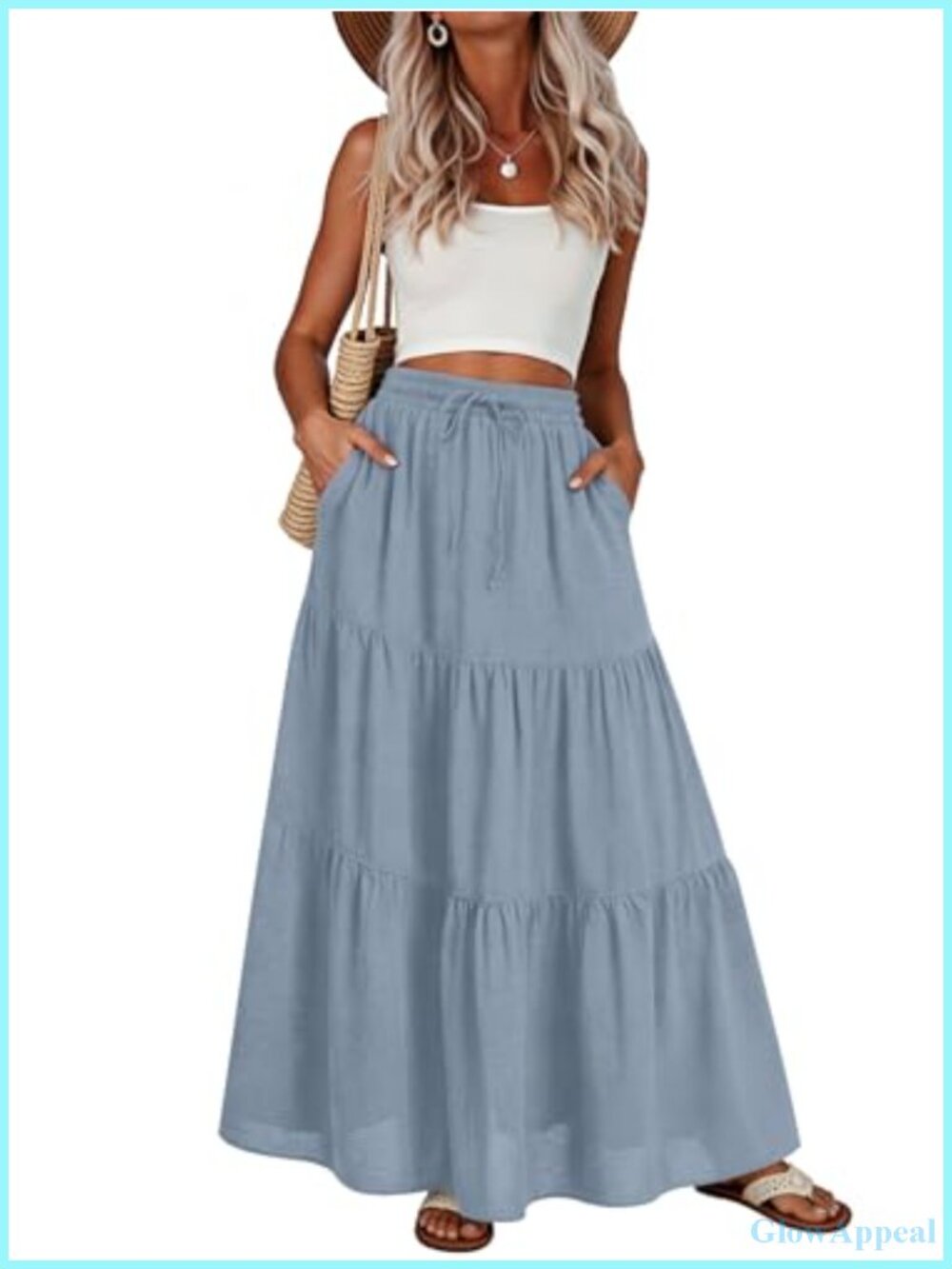 Pleated Tiered A-Line Maxi Skirt with Pockets Elastic Waist